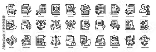 Law Policy icon collection line style. containing Document Approval, Document Verified, Court Decision, Law Book, Legal Document, Project Management, Security Contract, Certificate Award, Contract