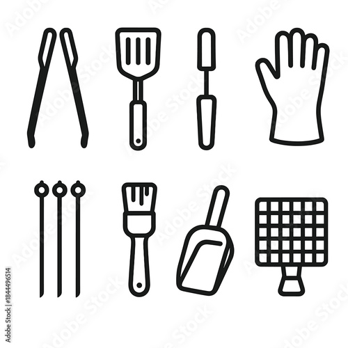 BBQ Tools Icons. Outdoor Cooking Tools linear set: grill tongs, spatula, fire starter, heat-resistant gloves, skewers set, basting brush, charcoal scoop, portable grate.