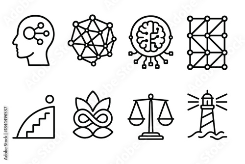 Future Intelligence Icons. Future Intelligence Landscapes linear set: adaptive knowledge node, emergent pattern web, autonomous reasoning core, distributed insight grid, cognitive