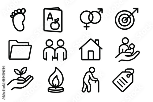 Life Progression Icons. Life Progression Elements linear set: baby footprint, learning card, teen symbol, goal arrow, work folder, partnership icon, family house, caregiving hand,