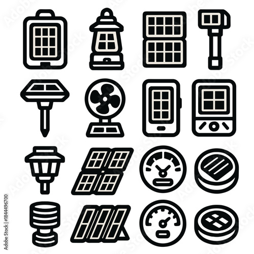 Brutalist Solar Technology Icons. Sun-Driven Devices silhouette set: compact solar charger, solar camping lamp, multi-panel power mat, solar flashlight stick, garden path light,