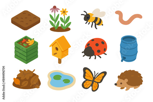 Ecology Icon Set. Backyard Ecology isometric flat set: garden soil patch, native plant cluster, pollinator bee, earthworm, compost bin, birdhouse, ladybug, rain barrel, leaf litter