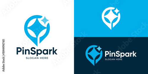 Creative simple pin spark logo template. Pin map location point star logo design vector illustration.