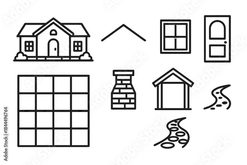 Outlined House Design Icons. House Design linear set: front façade, roofline sketch, window set, entry door, floor plan grid, chimney shape, porch outline, garden path.