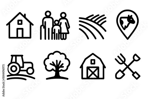 Farm Life Icons. Generational Farm Life linear set: farmhouse icon, family silhouettes, crop field, livestock marker, tractor path, heritage tree, barn symbol, shared tools.