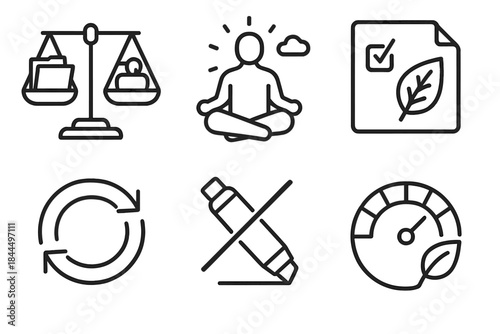 Sustainable Work Icons. Sustainable Work Practices linear set: balanced workload scale, mindful break icon, eco-friendly task tile, efficiency loop arrow, reduced-waste marker,