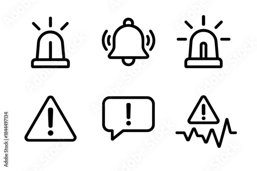 Alarm Alert Icons. Alarm & Alert Systems linear set: siren icon, bell alarm, flashing beacon, alert triangle, notification bubble, warning waveform.