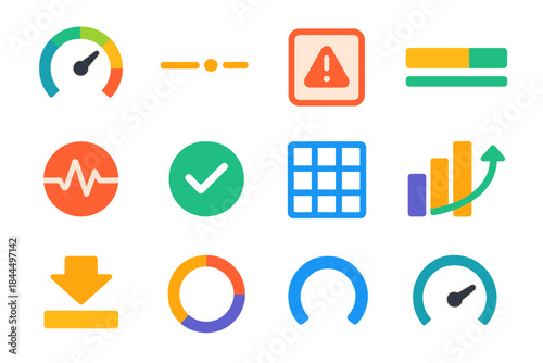 Modern System Monitoring Icons. Active System Oversight flat set: live signal gauge, event stream line, heartbeat indicator dot, anomaly alert tile, performance band stripe, health