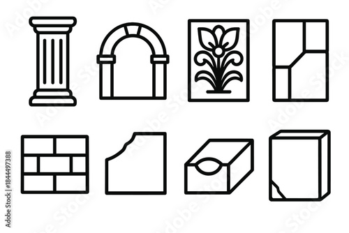 Architectural Elements Icons. Old Structure Components linear set: pillar shaft, keystone arch, relief panel, mortar joint, brick course, tile fragment, carved groove, wall block.