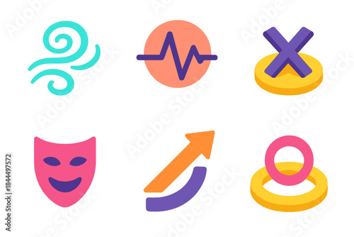 Isometric Stage Icons. Stage Technique Elements isometric flat set: breath control swirl, rhythm pulse, stance marker, expression mask, energy flow arrow, presence ring.