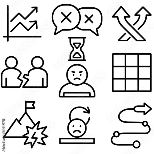 Workplace Conflict Icons. Workplace Conflict linear set: opposing charts, dispute bubbles, team tension node, conflicting arrows, deadline pressure bar, misalignment grid,