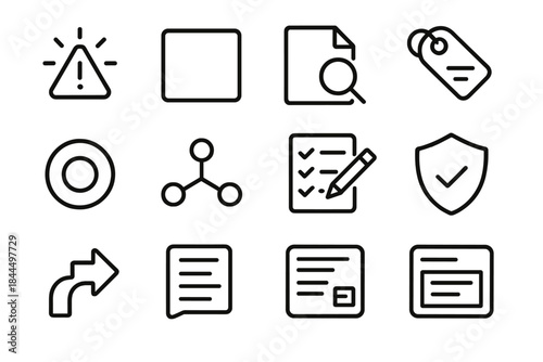Incident Management Icons. Incident Management Themes linear set: alert flare, containment block, investigation sheet, communication tag, status ring, system map node, action