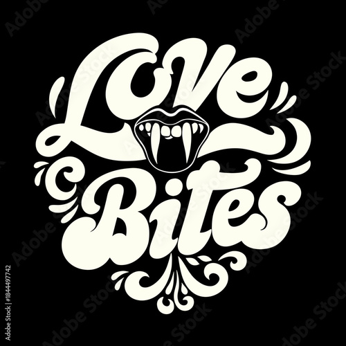 Creamy white vampire fangs biting candy heart text on black