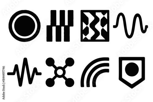 Brutalist Sound Icon Set. Sound identity themes silhouette set: tonal stamp, rhythm cue bar, motif tile, ambience wave, signature pulse, tone cluster node, frequency arc, audio