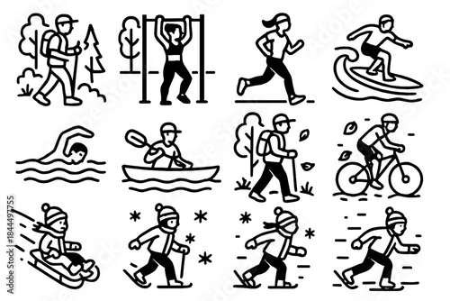 Year-Round Sport Icons. Year-Round Sport Scenes linear set: spring hike, park workout, light jog, summer surf, lake swim, kayak icon, autumn trek, mountain bike, fall run, winter