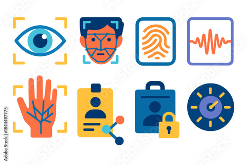 Vibrant Biometric Icons. Biometric verification modules flat set: iris scan panel, face geometry tile, print sensor icon, voiceprint strip, hand vein grid, ID check node, secure