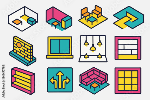Modern Room Icons. Room Arrangement Set isometric flat set: open area plan, partial partition, seating zone, walkway line, feature wall, balanced window set, light fixture map,