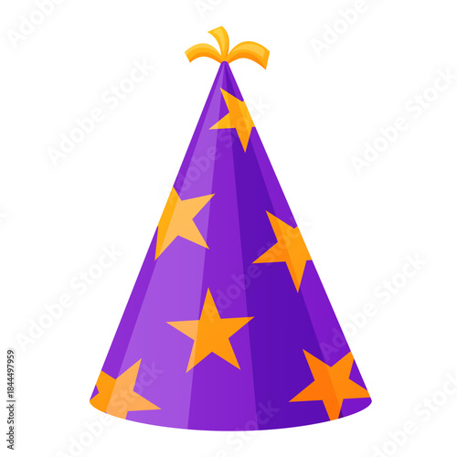Colorful party hat with star pattern in flat vector style. Festive birthday or celebration accessory isolated on white background. Perfect for party design, kids events and holiday decoration