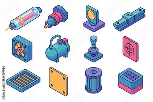Laser Equipment Icons. Precision Laser Equipment flat isometric set: high-power laser tube, adjustable focus knob, beam mirror mount, rail gantry slider, venting fan unit, air