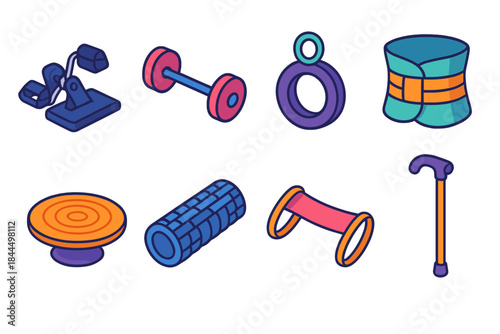 Rehab Equipment Icons. Physical Recovery Equipment isometric flat set: rehab bike pedal, weighted bar, grip ring, lumbar support brace, wobble board, therapy roller, shoulder band,