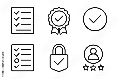 Conformity Icons Set. Conformity & Validation Elements linear set: criteria list, inspection badge, verified stamp, record sheet, compliance lock, review icon.