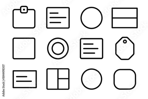 Outline Icon Set. Identification Mark linear set: ID tag, labeled box, outline stamp, reference dot, catalog line, classification bar, index marker, category shape, symbol tag,