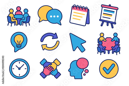 Modern Meeting Icons. Conversation & Meeting Tools isometric flat set: seated group, dialogue bubble pair, notepad, agenda board, shared idea, flow arrows, pointer icon, discussion