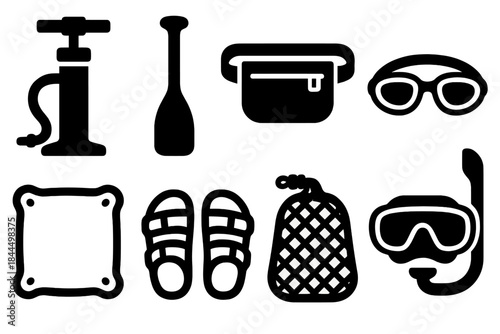 Bold Water Sport Icons. Outdoor Water Activity Set silhouette set: raft pump, paddle grip, waterproof waist pack, swim goggles pair, flotation cushion, quick-dry sandals, gear mesh