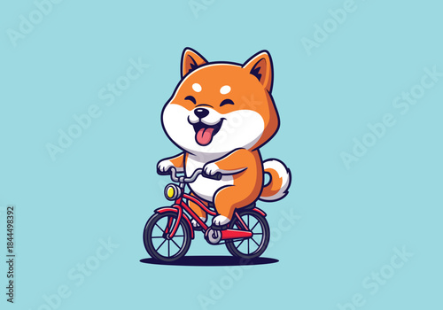 Cute Shiba Inu Dog Riding Bicycle Cartoon.