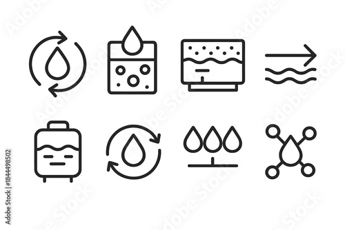 Water Cycle Icons. Closed-Cycle Water Set linear set: recycling droplet emblem, filtration stage block, treatment basin tile, purified-flow arrow, reuse tank icon, cycle-efficiency