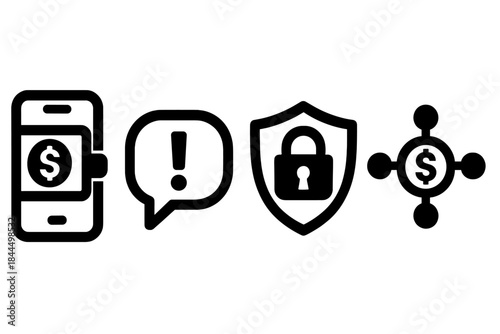 Brutalist Banking Icons. Digital Banking Tools silhouette set: mobile-wallet tile, real-time-alert bead, secure-transfer node.