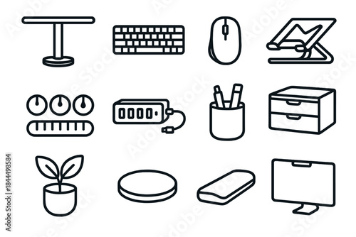 Minimalist Desk Icons. Modern Desk Gear linear set: bar lamp, minimalist keyboard, track mouse, metal laptop stand, cable clips, multi-port hub, pencil cup, organizer drawer,