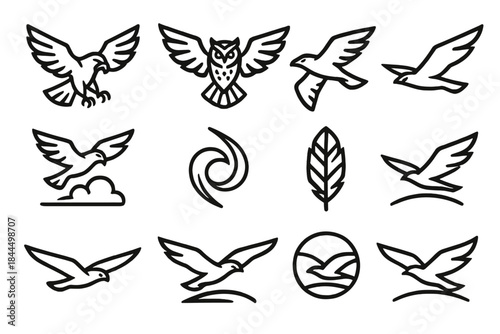 Aerial Sentinel Icons. Aerial Sentinel Creatures linear set: sentry hawk, night-sky owl, range raven, glide falcon, thermic soarer, cloud scout, wing trace, air swirl, feather