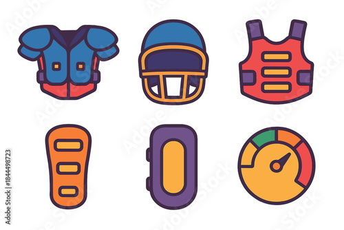 Sports Gear Icons. Team Sports Safety Gear flat set: shoulder pad, headgear, rib protector, forearm guard, thigh pad, injury prevention gauge.