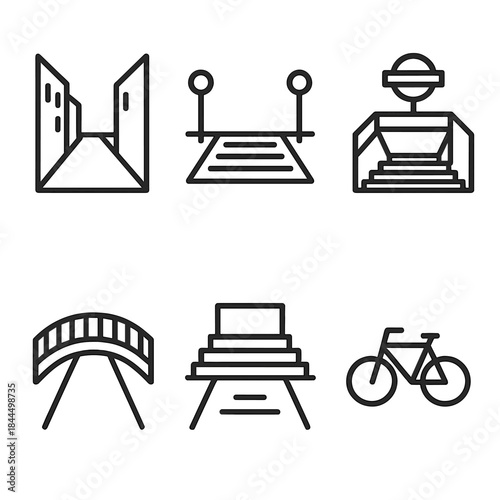 Urban Pathways Icons. Pathways Urban linear set: alleyway outline, crosswalk, subway entrance, footbridge, plaza steps, bike lane symbol.