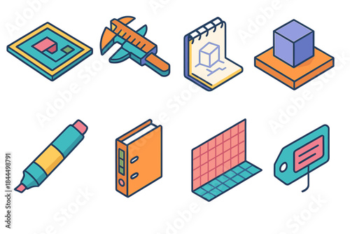 Minimalist Architectural Icons. Architectural analysis icons isometric flat set: site plan, measuring caliper, sketch pad, model base, design marker, reference binder, perspective