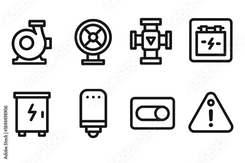 Infrastructure Tool Icons. Infrastructure Operations Tools linear set: pump housing, valve wheel, flow indicator, power relay, utility cabinet, sensor module, system switch, alert