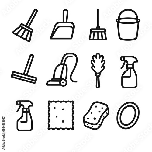Cleaning Tools Icons. Cleaning Tools linear set: broom tile, dustpan node, mop bar, scrub brush ring, squeegee patch, vacuum panel, duster stripe, bucket arrow, spray bottle dot,
