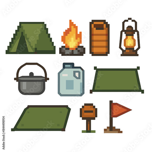 Campsite Icon Set. Campsite setup elements set set of icons in flat pixel vector style: pitched tent, campfire ring, sleeping bag, lantern, cooking pot, water jug, ground tarp,