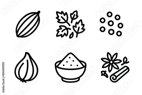 Spice Icons Collection. Spices linear set: cardamom pod, dried oregano, mustard seed, spice bowl, garlic flake, warm spice mix.