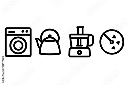 Kitchen and Laundry Icons. Kitchen and Laundry Gear linear set: washing machine drum, kettle spout, food processor tile.