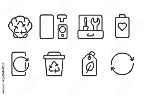 Sustainable Tech Icons. Responsible Device Lifecycle linear set: recyclable shell, modular parts, repair toolkit, battery health icon, refurbishment arrow, e-waste bin, material