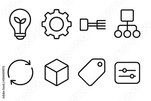 Generative Workflow Icons. Generative workflow structures linear set: idea kernel tile, automation gear, pipeline stream bar, template node, variation slider, creation loop, asset