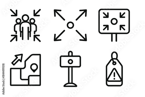 Muster Point Icons. Muster point elements linear set: people cluster icon, convergence arrows, designated zone mark, safety sign, map arrow, landmark post, guidance tag, alert cue.