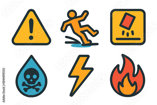 Colorful Hazard Icons. Hazard Recognition Icons flat set: warning triangle, slip hazard figure, falling object sign, electrical danger bolt, toxic droplet, fire flame.