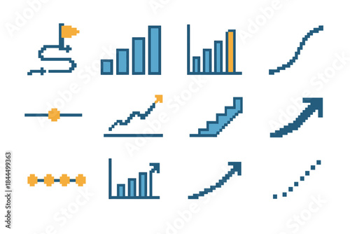 Progress Icons Set. Long-Term Progress Icons pixel style set: multi-stage path, phased blocks, cumulative bar, steady curve, horizon marker, growth timeline, iterative steps,