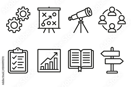 Workforce Evolution Icons. Workforce Evolution Pathway linear set: evolving skill gears, strategy board, vision telescope, teamwork circle, task checklist, development graph,