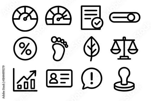 Credit Icons Overview. Financial Credit Markers linear set: score wheel, risk band scale, repayment checkmark, credit line bar, utilization percentage icon, inquiry footprint,