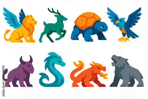 Heroic Creature Icons. Team of Heroic Creatures isometric flat set: winged guardian beast, swift forest runner, armored shell titan, sharp-eyed sky scout, horned protector, tidal
