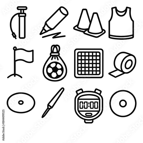 Game Ball Essentials. Game Ball Essentials linear set: pump cylinder, inflation hose, marking chalk, practice cones, training bib, boundary flag, ball pouch, rebound net tile, grip